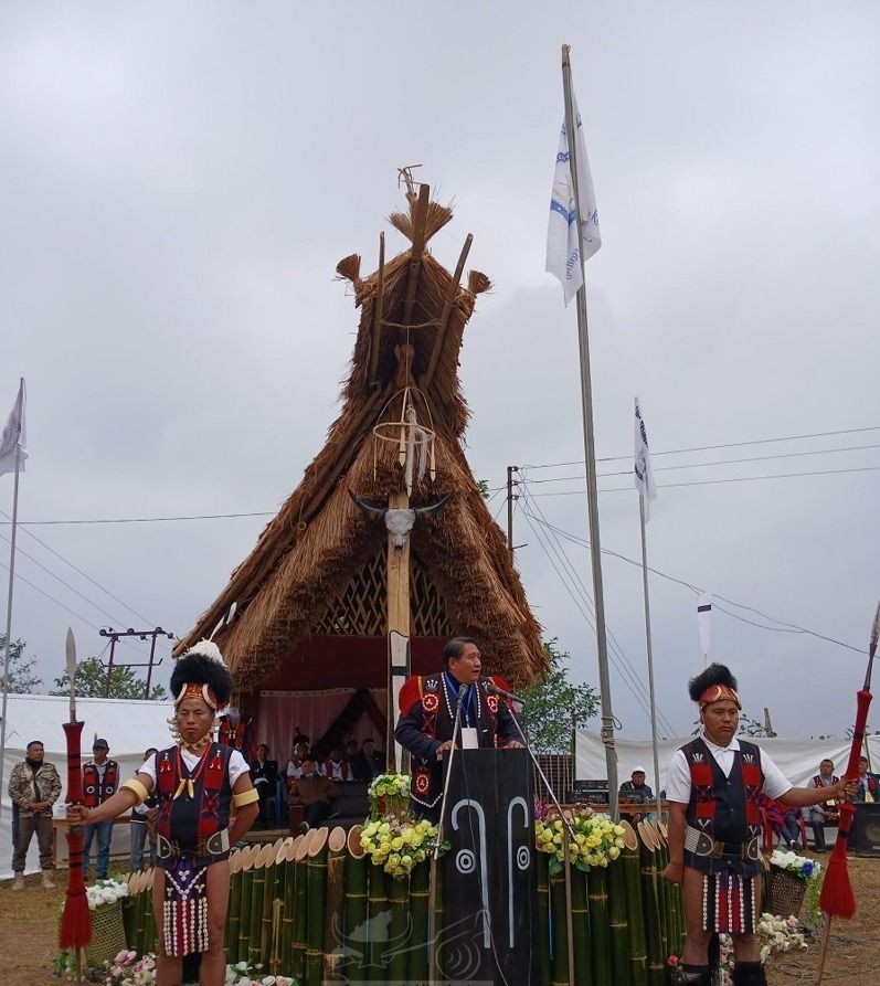 Advisor H Sethrongkyu Sangtam addressing the 50th Anniversary of Lirise Yangdong Suro Pümji in Lirise village, Tuensang district on January 8. (DIPR Photo)